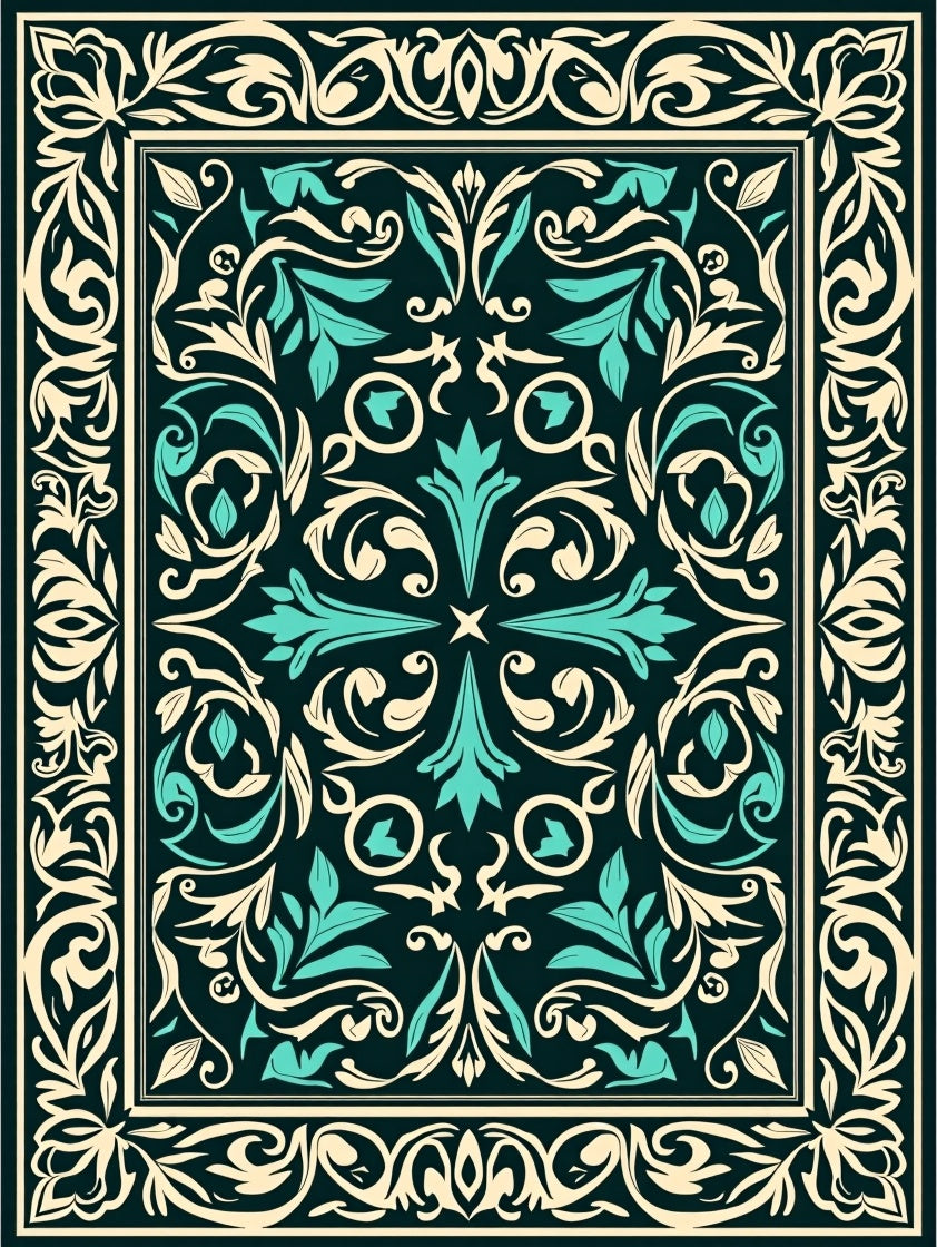Dark Teal Cream Floral Scroll Rug