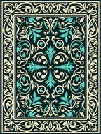 Dark Teal Cream Floral Scroll Rug