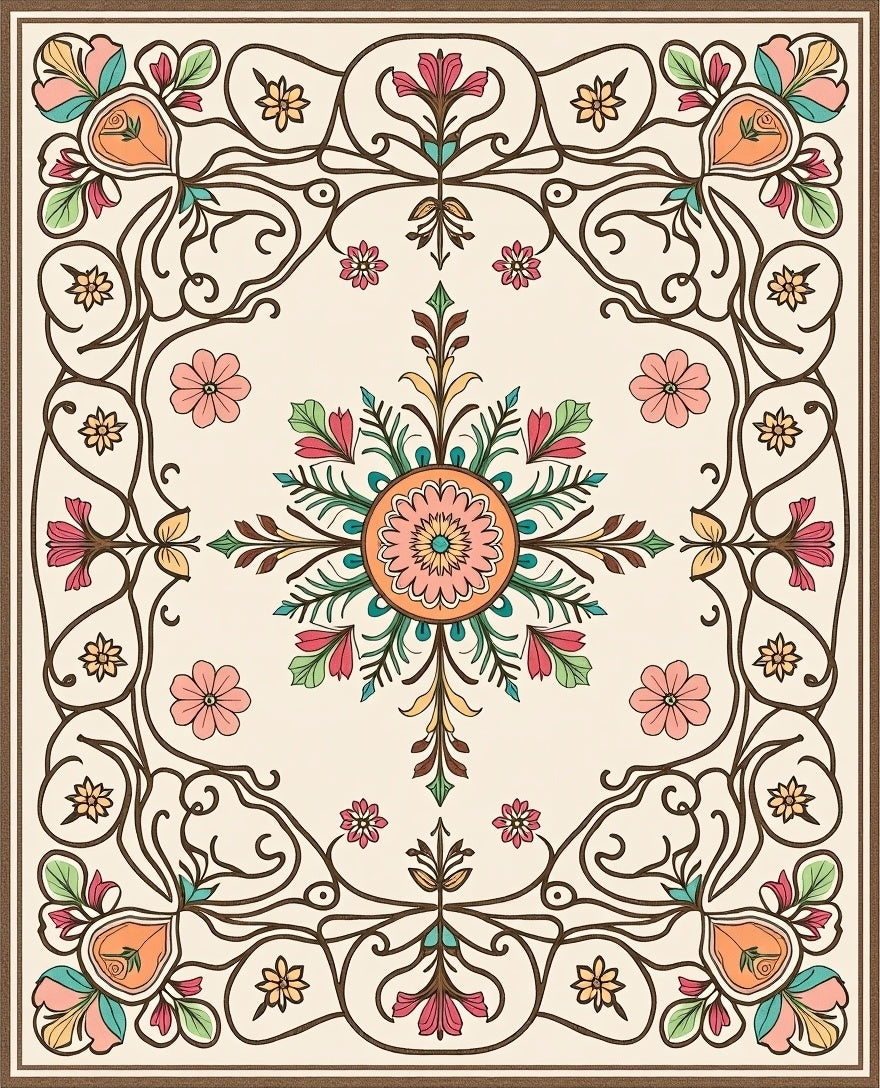 Art Nouveau Floral Coral and Teal Rug