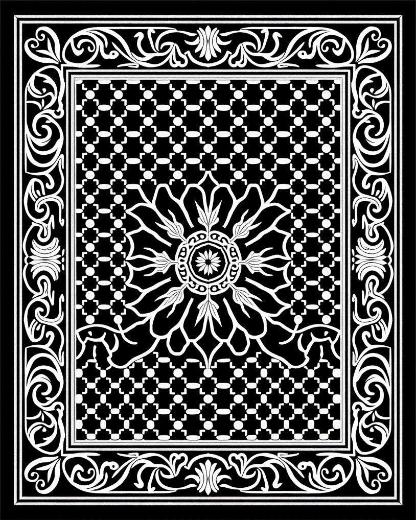 Black White Floral Medallion Geometric Border Rug