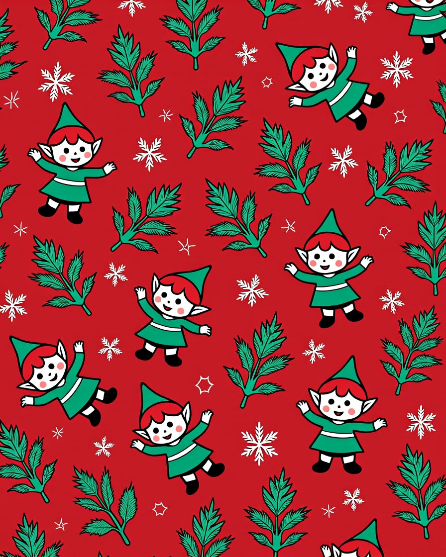 Christmas Elves Green Pine Snowflakes Red Rug