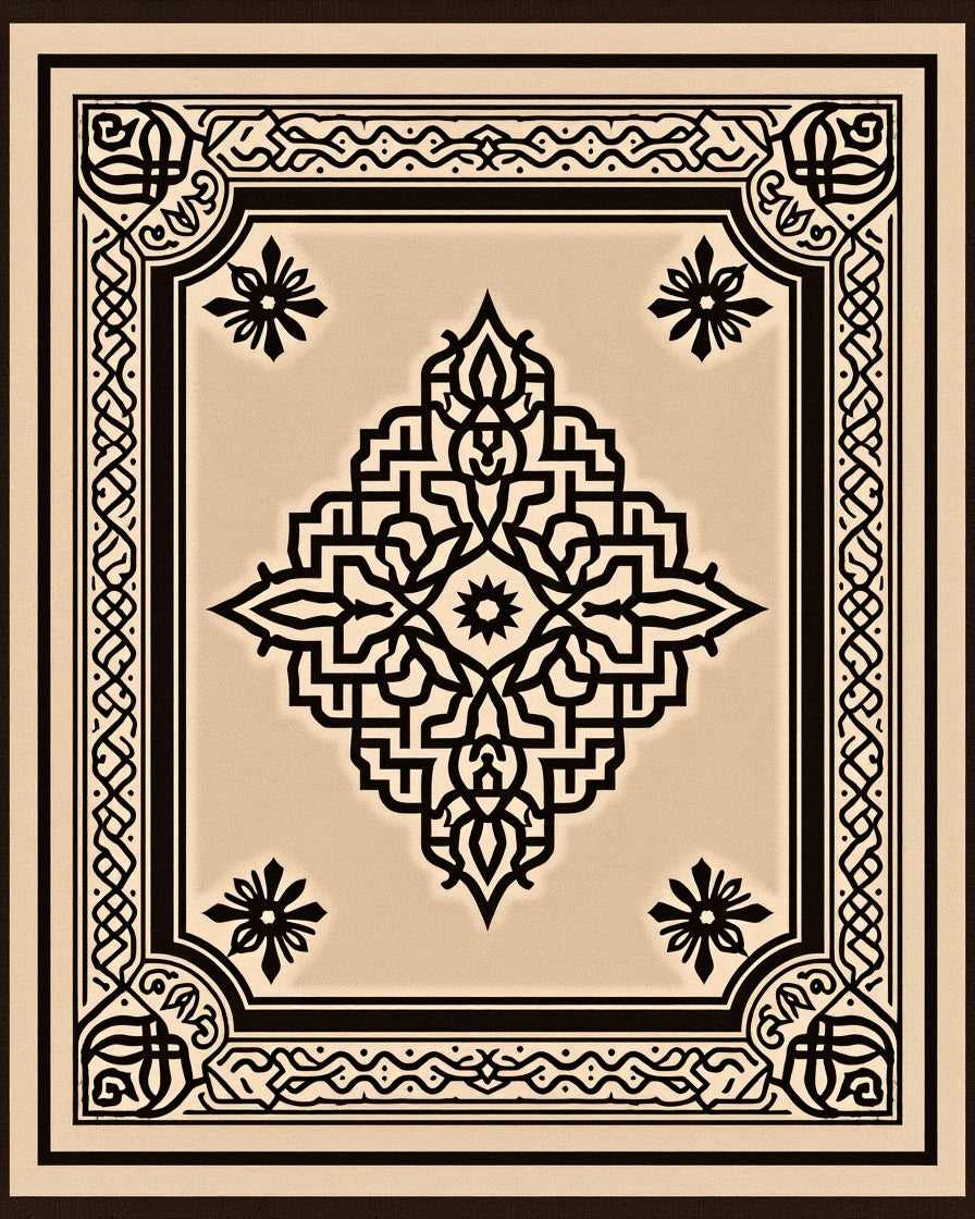 Tan Black Intricate Geometric Medallion Rug