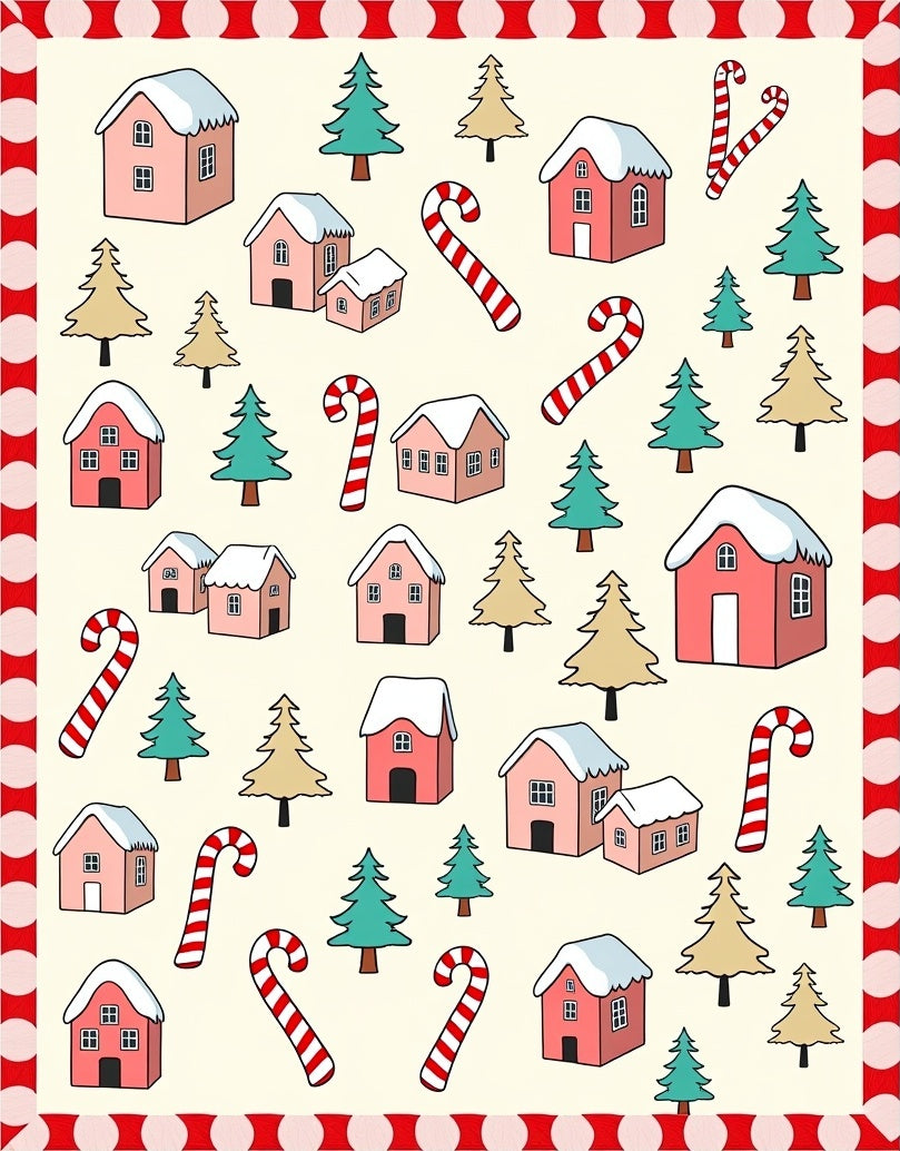 Pink Houses Candy Cane Trees Festive Holiday Rug