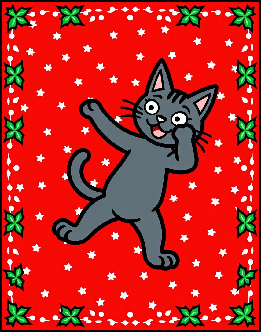 Joyful gray cat red star background Rug