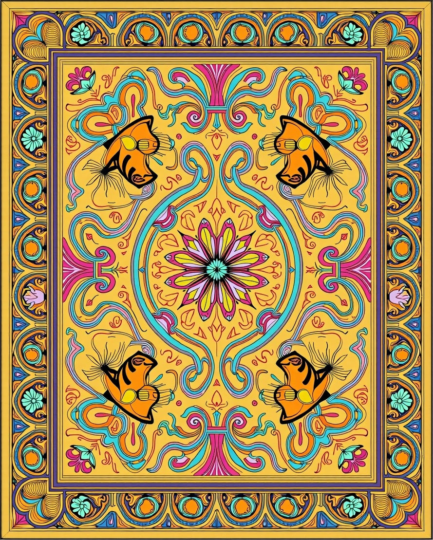 Vibrant Golden Fish Floral Medallion Rug