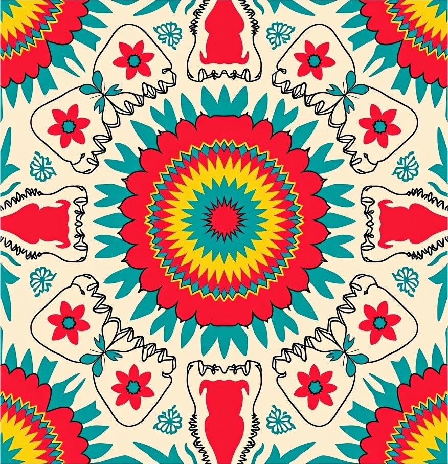 Bold Red Yellow Teal Sunburst Rug