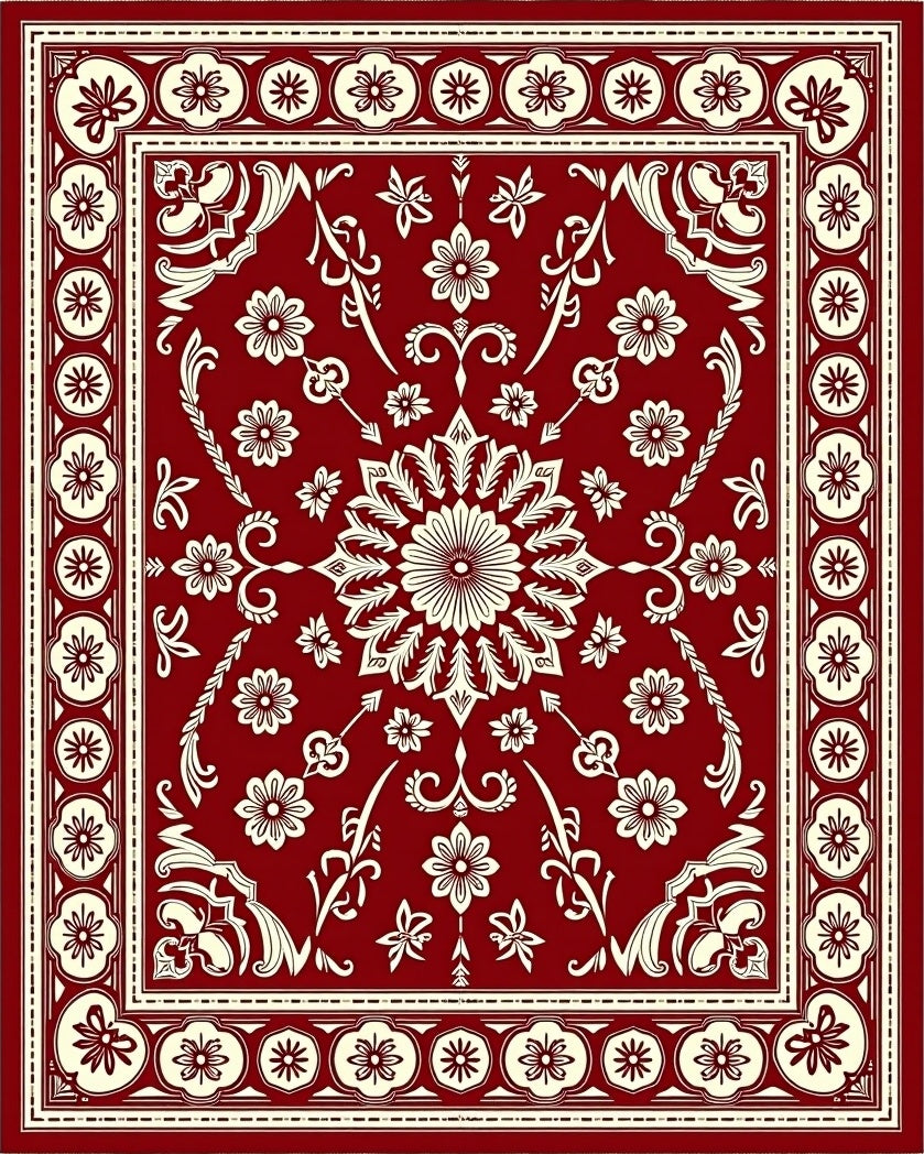 Rich Red Floral Medallion Tapestry Rug