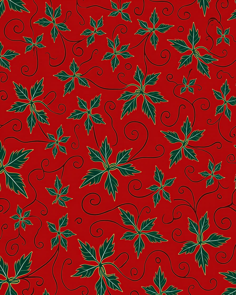 Crimson Green Leafy Vine Swirls Rug