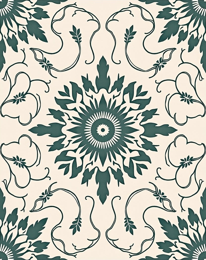 Jade Green Floral Medallion Ivory Rug