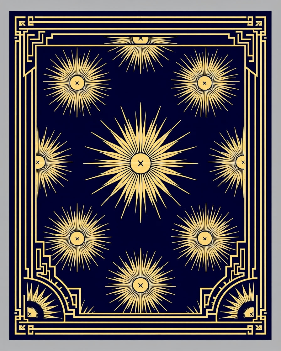 Radiant Sunburst Navy Gold Frame Rug