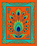 Vibrant Orange Teal Peacock Feather Medallion Rug