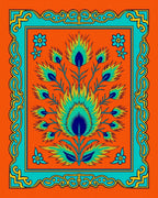 Vibrant Orange Teal Peacock Feather Medallion Rug