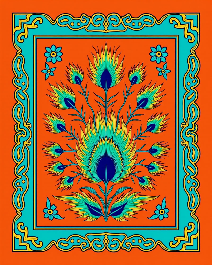 Vibrant Orange Teal Peacock Feather Medallion Rug