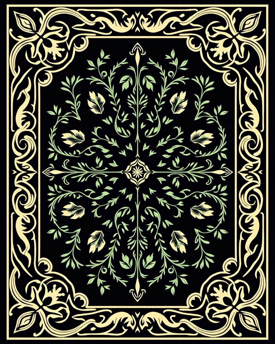 Black Green Floral Scroll Frame Rug