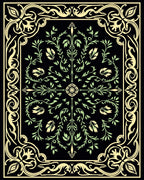 Black Green Floral Scroll Frame Rug