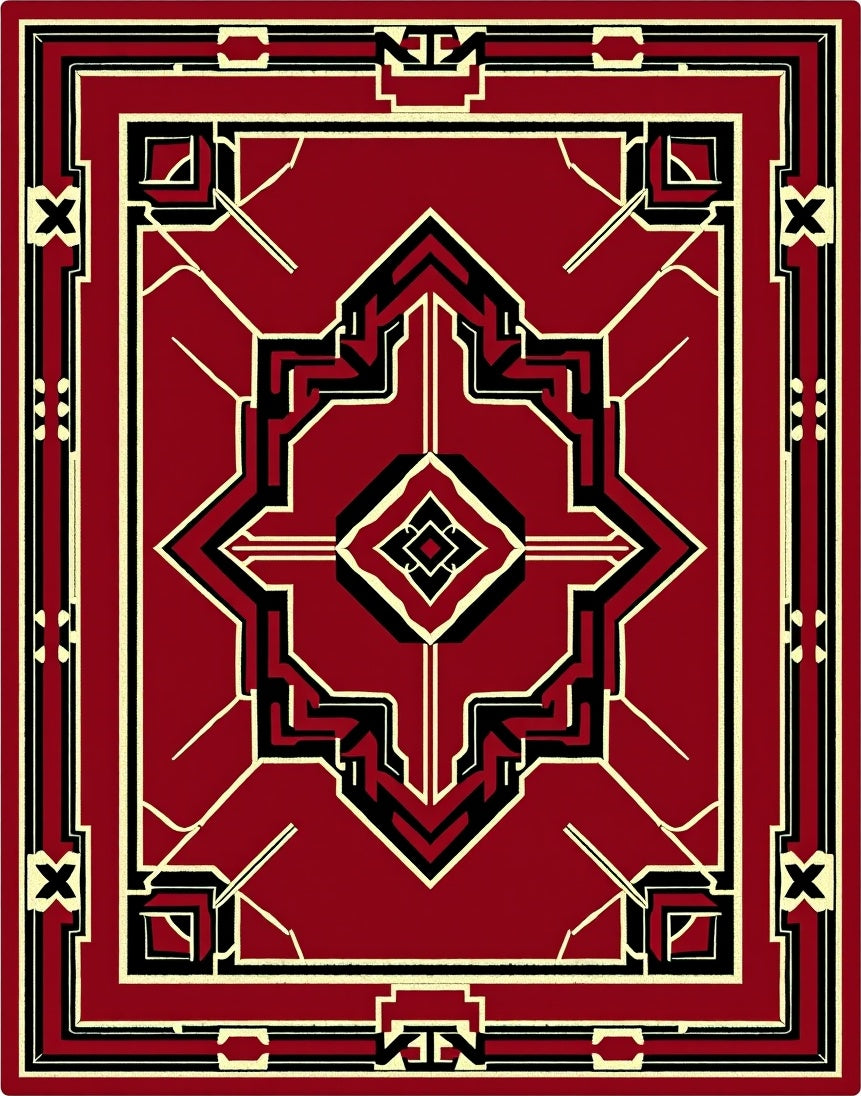 Crimson Black Geometric Art Deco Rug