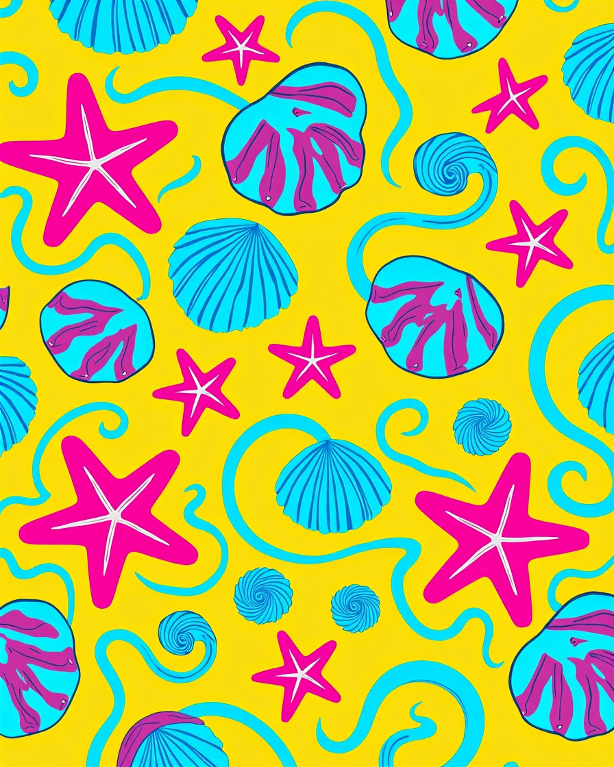 Bright Yellow Seashell Starfish Swirls Rug