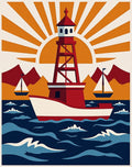 Red Lighthouse Sunset Sailing Ocean Rug