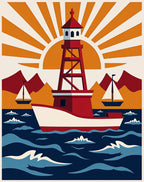 Red Lighthouse Sunset Sailing Ocean Rug