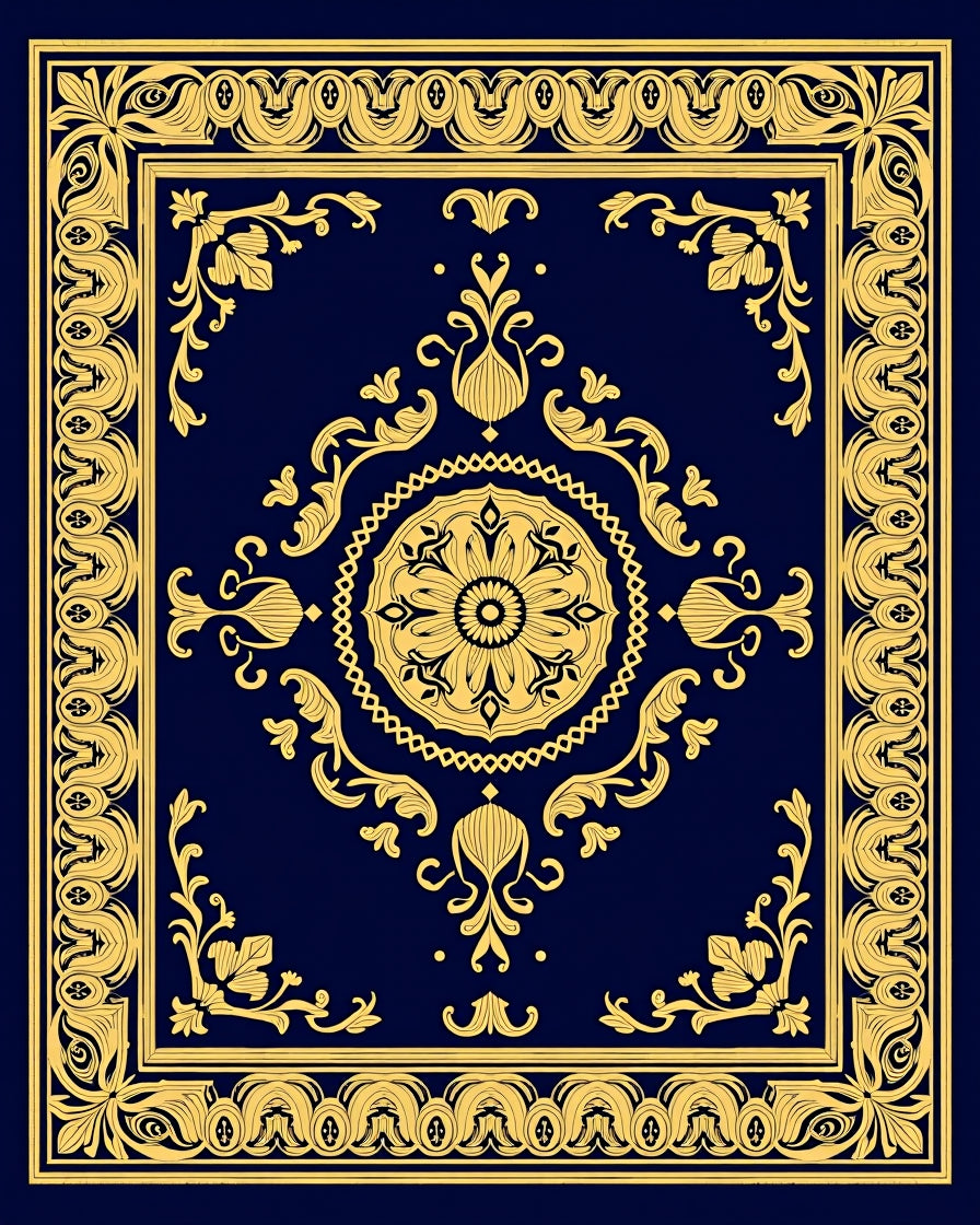 Elegant Gold Floral Medallion Navy Rug