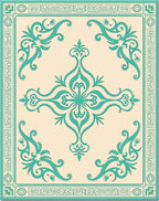 Cream Teal Classic Scroll Border Rug