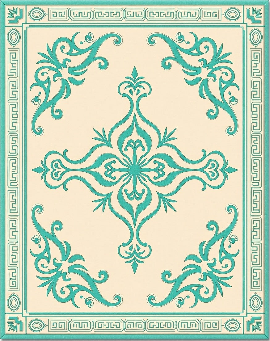 Cream Teal Classic Scroll Border Rug
