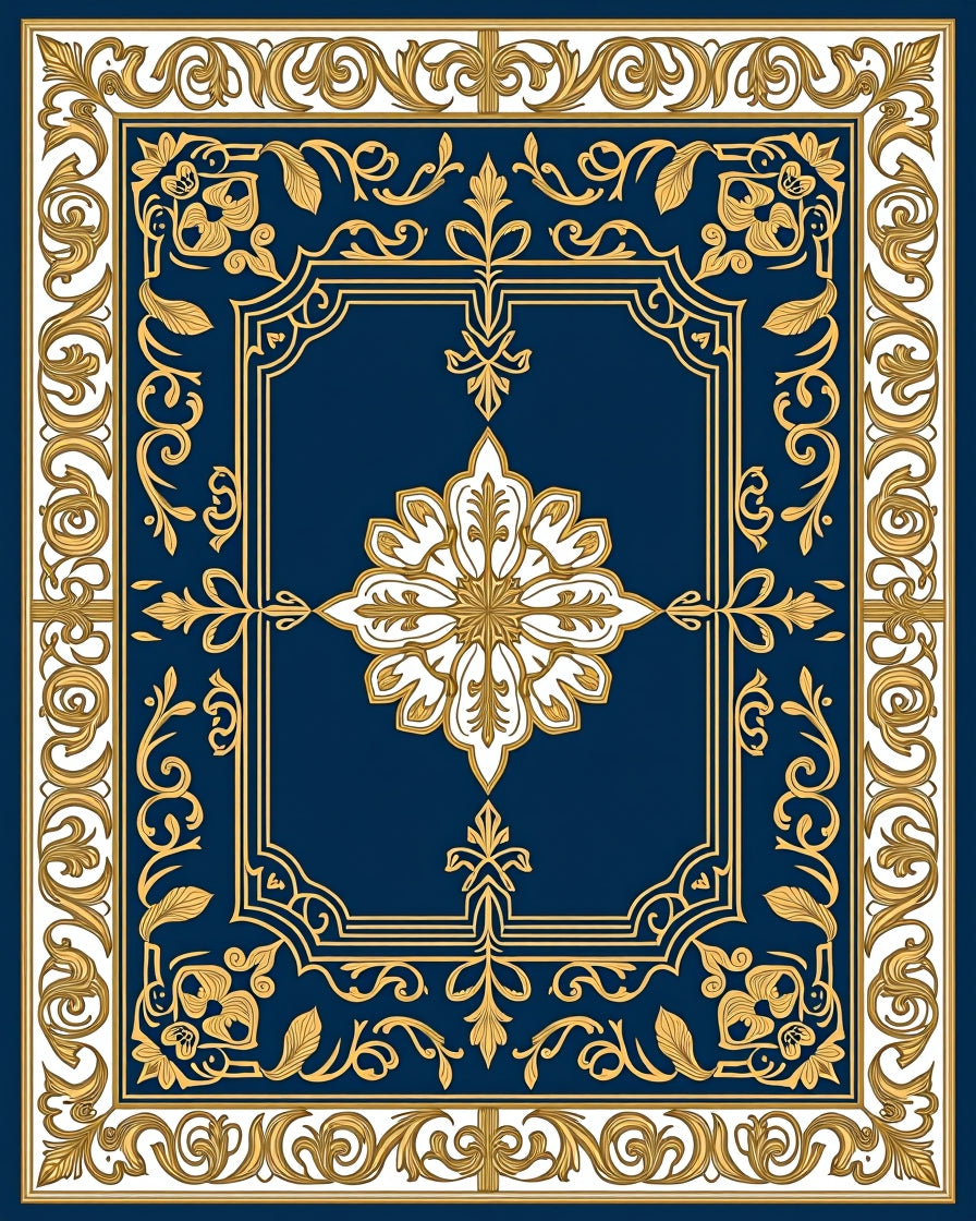 Midnight Blue Gold Baroque Medallion Rug