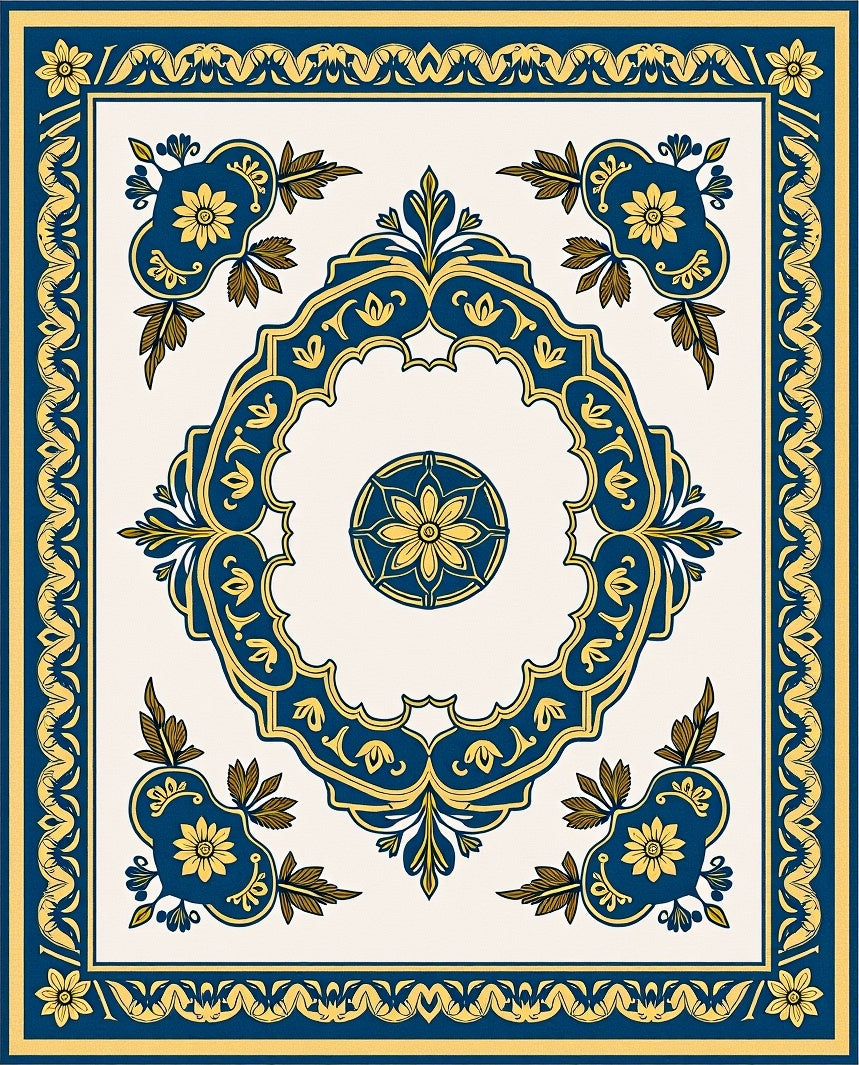 Ornate Blue Gold Floral Medallion Rug