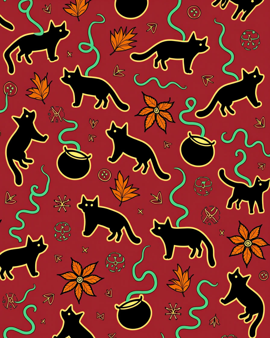 Spooky Black Cats Orange Leaves Cauldron Rug
