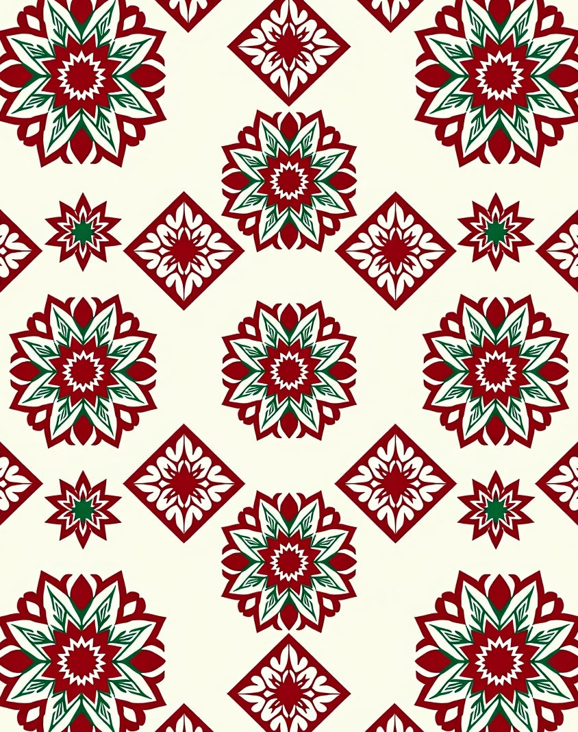 Crimson Green Starburst Diamond Medallions Rug