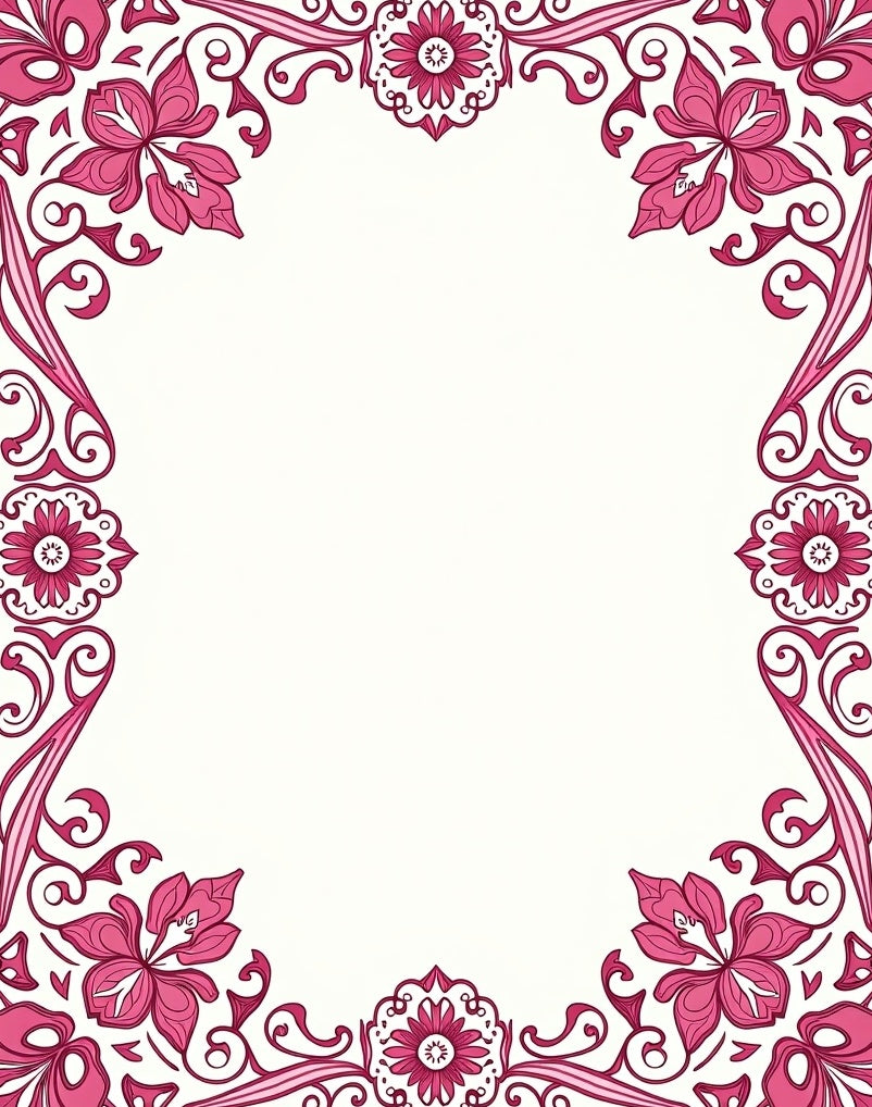 Magnificent Fuchsia Floral Scrollwork Border Rug
