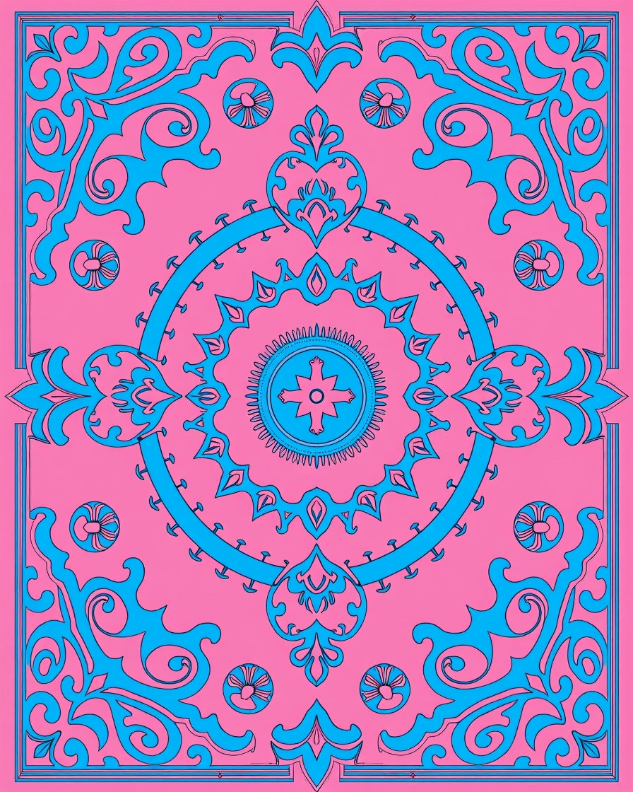 Bright Pink Sky Blue Scroll Medallion Rug