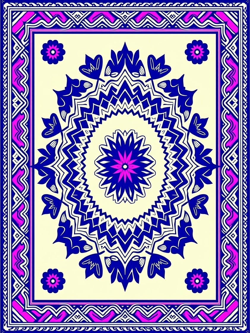 Vibrant Blue Floral Medallion Border Rug