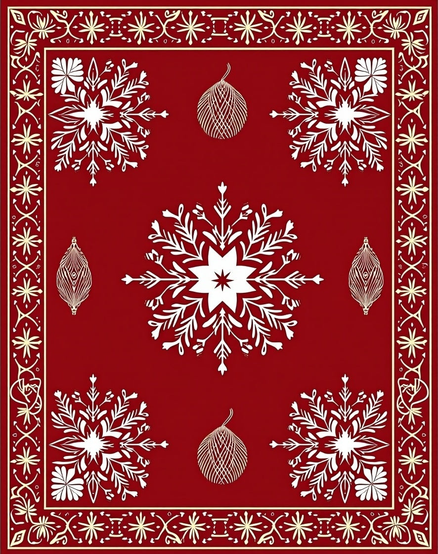 Crimson White Snowflakes Ornate Border Rug