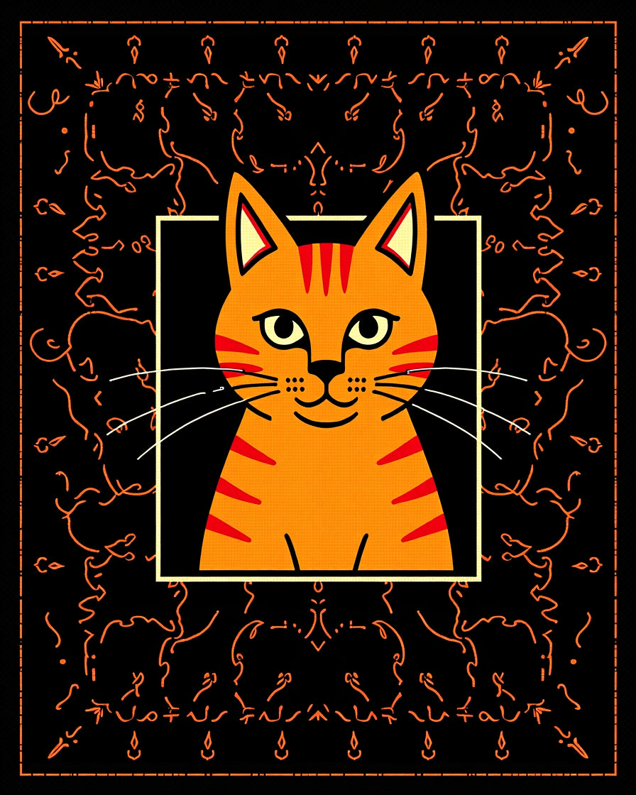 Orange Tabby Cat With Orange Scrollwork Rug