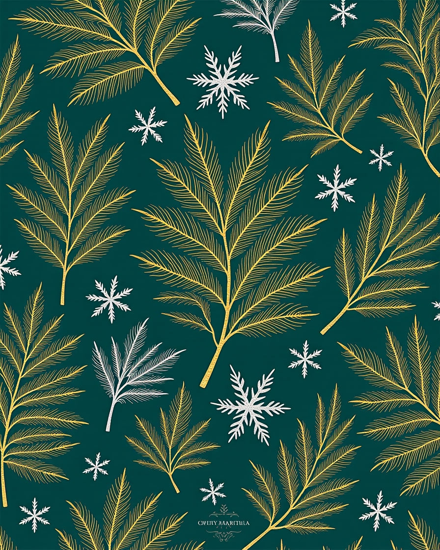 Emerald Green Gold Leaf Snowflakes Rug