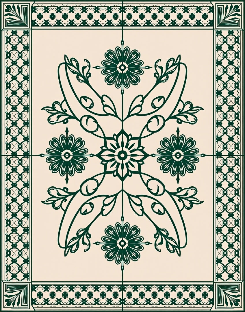Deep Green Floral Medallion Border Rug