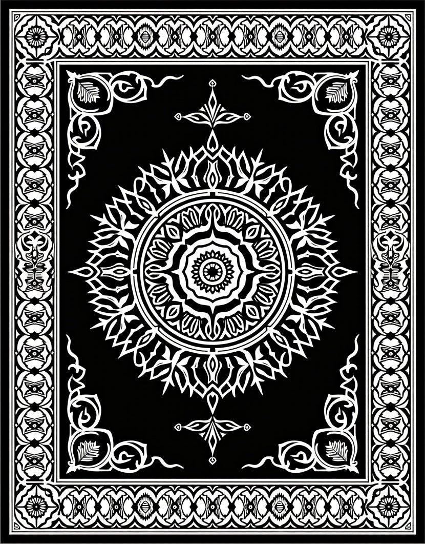Intricate Black White Floral Medallion Rug