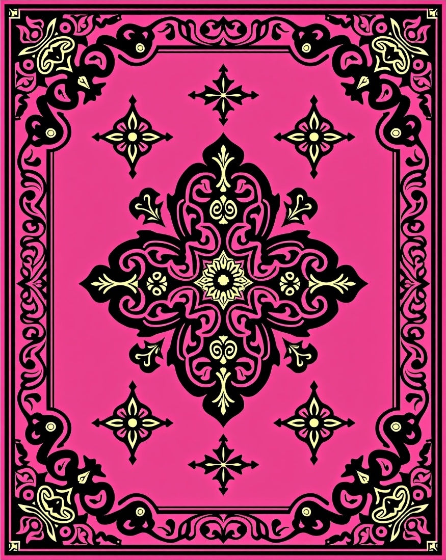 Vibrant Pink Black Medallion Frame Rug