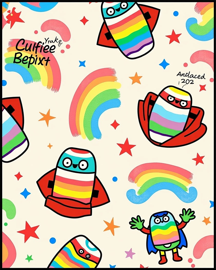 Whimsical Colorful Rainbow Rocket Characters Rug