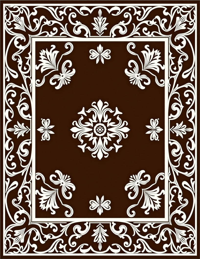 Rich Brown Off-White Floral Frame Symmetry Rug