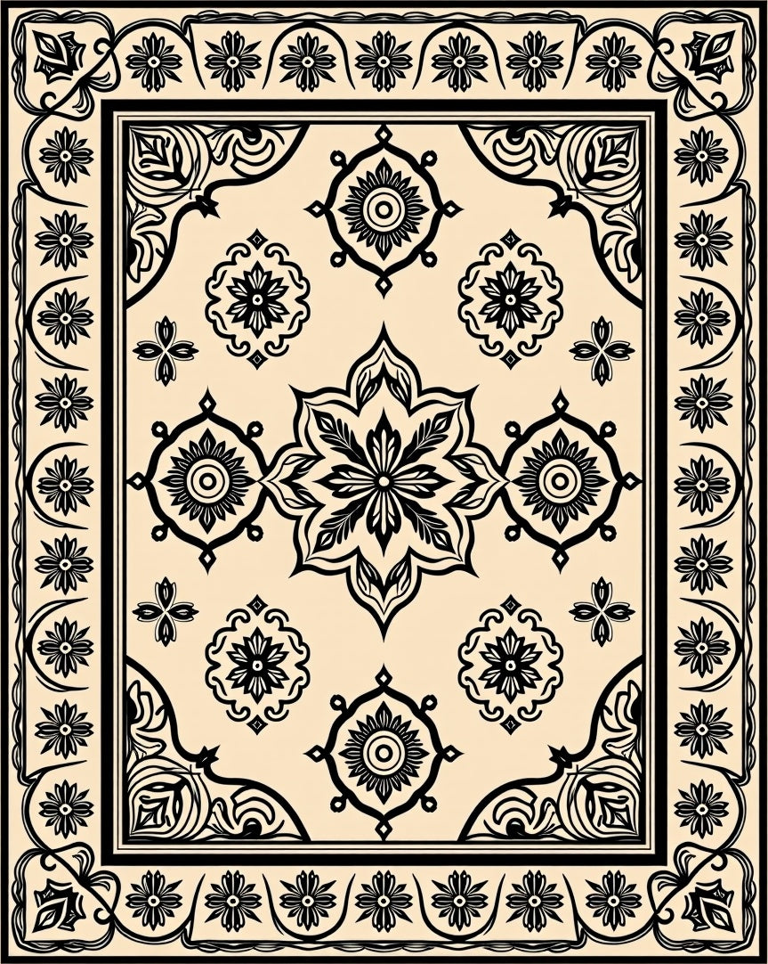 Cream and Black Floral Medallion Rug