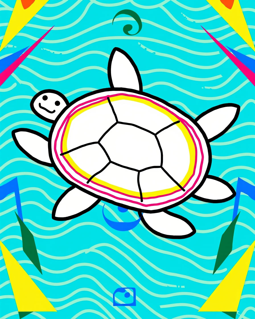 Whimsical White Turtle Ocean Waves Rug