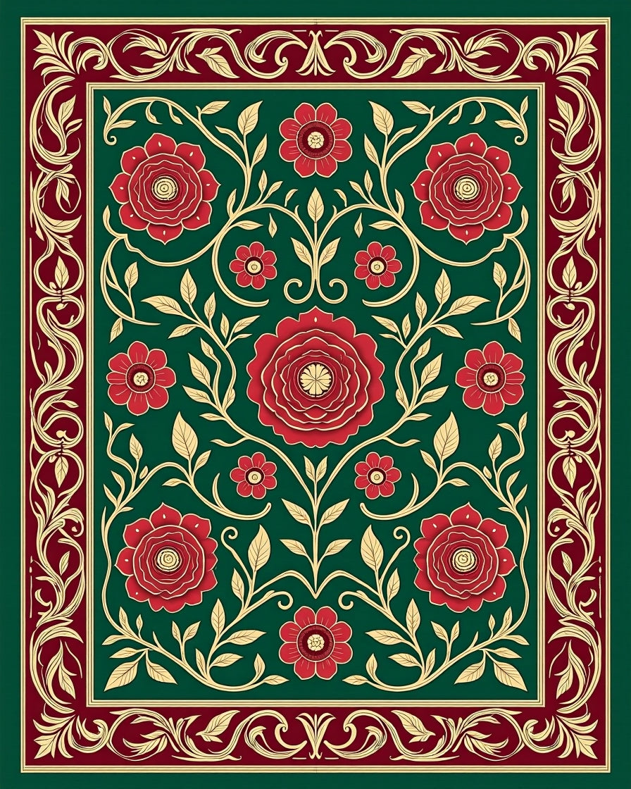 Emerald Green Floral Botanical Border Rug