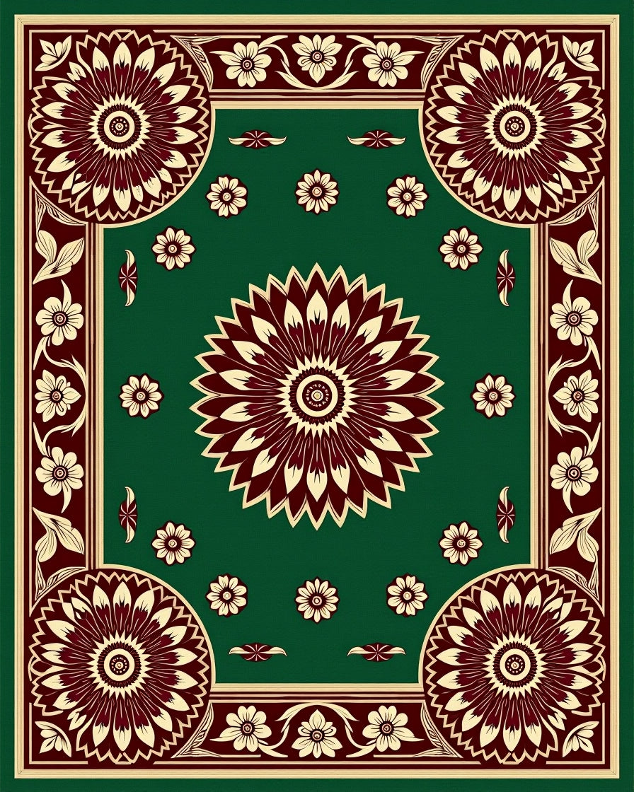 Deep Green Floral Medallion Border Rug