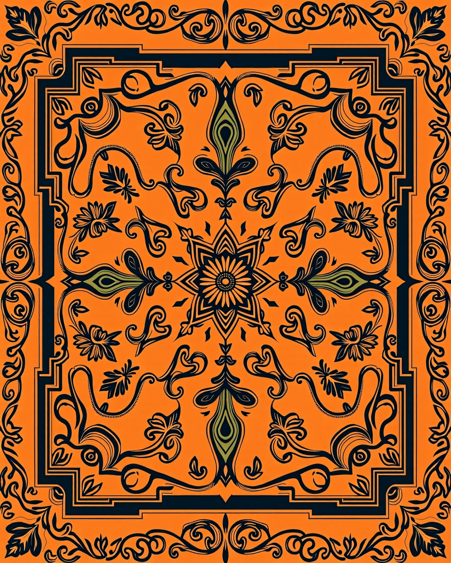 Orange Floral Medallion Border Rug