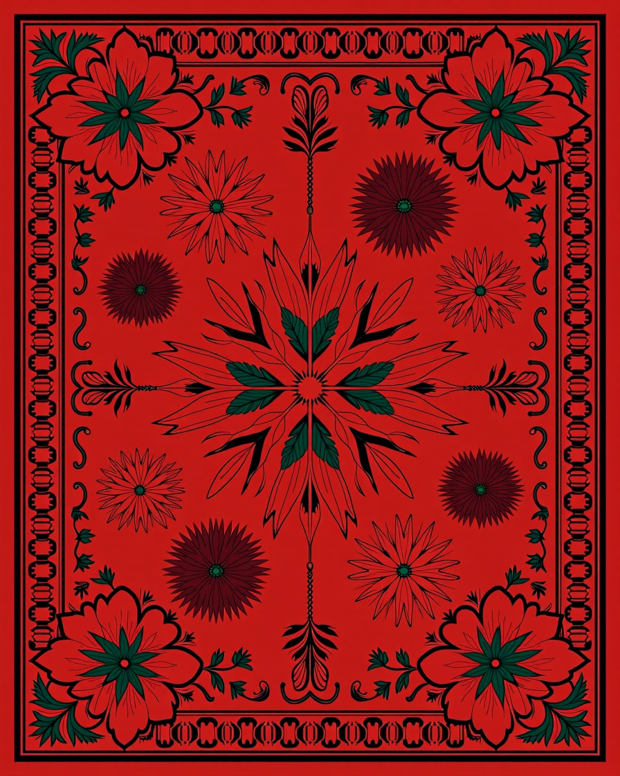 Vibrant Red Floral Medallion Border Rug