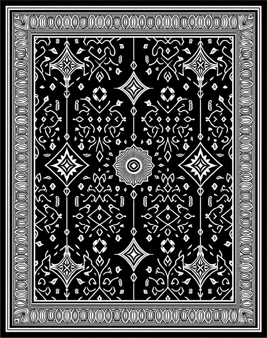 Black White Ornamental Diamond Medallion Rug