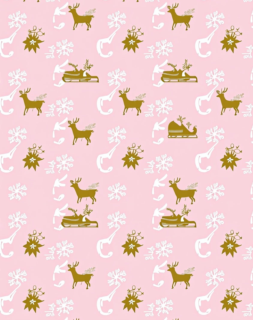 Whimsical Gold Deer Sleigh Snowflakes Pink Rug