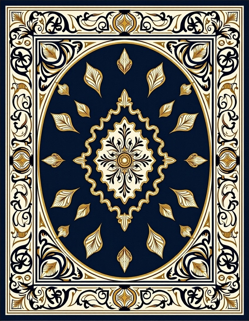 Deep Blue Floral Medallion Cream Border Rug